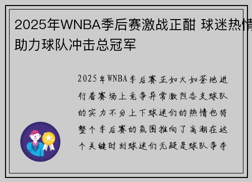 2025年WNBA季后赛激战正酣 球迷热情助力球队冲击总冠军