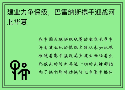 建业力争保级，巴雷纳斯携手迎战河北华夏
